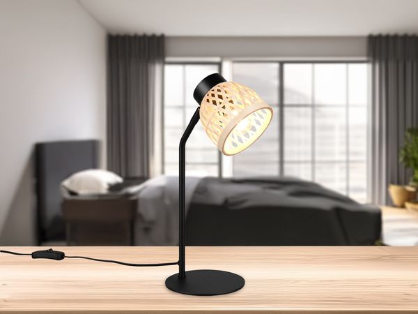 Schreibtischleuchte LAURENT mit Korb Lampenschirm aus Bambus, Höhe 36cm