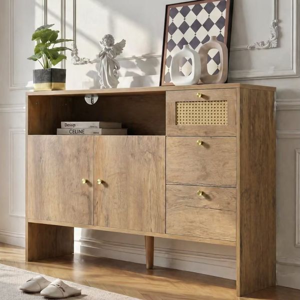 Flieks Kommode Mehrzweckschrank mit Rattan-Schubladen und Türen Holzoptik (1 St, B105/T40/H76 cm), Küchenschrank Sideboard Wohnzimmerschrank Natur