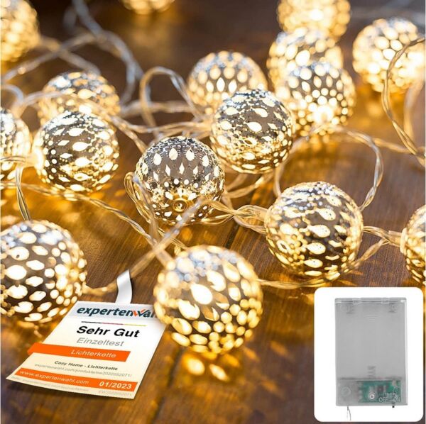 COZY HOME LED-Lichterkette Marokkanische Batterie und Stecker -, 20 LEDs I Timer-Funktion I Warmweiß I Lichterkette Innen