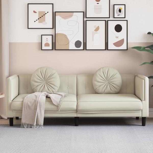 vidaXL Sofa mit Kissen 3-Sitzer Creme Samt 372649