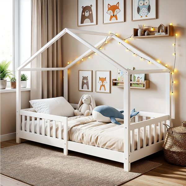 oyajia Kinderbett 90x200 cm Bodenbett Rausfallschutz abnehmbar bis 200 kg belastbar (Montessori Kinder- & Jugendbett aus Kiefer Massivholz), Bodenbett Hausbett mit Roll-Lattenrost