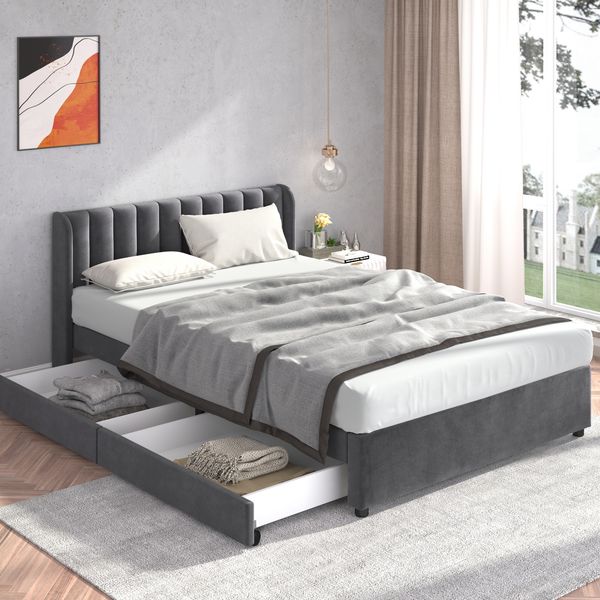 Polsterbett 140×200 cm aus Samt-Stoff mit Lattenrost und zwei Schubladen, grau