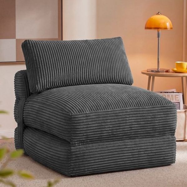 VASAGLE Faltbarer Schlafsessel aus Cord und Schaumstoff, Sofabett mit Kissen, 89 x 89 x 78 cm / 89 x 195 x 43 cm, Grau