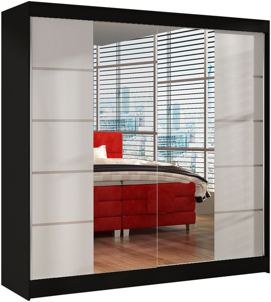 Schwebetürenschrank Basti V 200 cm mit Spiegel - Kleiderschrank mit 2 Türen, Kleiderstange und Einlegeboden, Schlafzimmerschrank, Schiebetürenschrank 200x215x58 cm (Schwarz/Weiß)