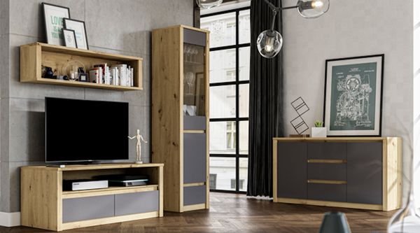 Wohnzimmer-Set ""Malta"" Anbauwand 4-teillig grifflos artisan eiche grau