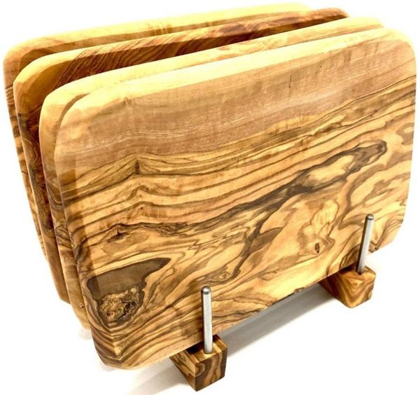 Olivenholz-erleben Frühstücksbrett Bretterständer inkl. 4 Frühstücksbretter Olivenholz 22 x 14 cm, Massivholz, (Set, 5-St, 1x Bretterhalter, 4 Frühstücksbretter, plus Überraschung), platzsparende Aufbewahrung für bis zu 4 Brettchen an einem Ort