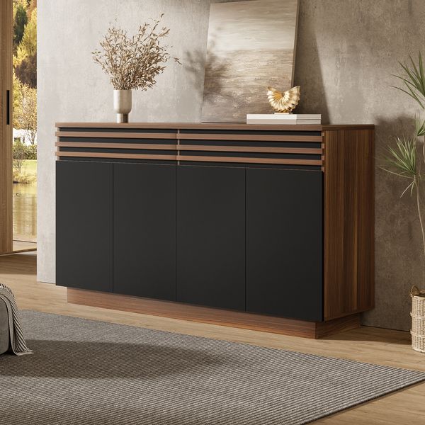 Modernes Sideboard 150 x 40 x 85 cm in brauner Holzoptik mit schwarzen Türen, 2 Schubladen & 4 Türen – Viel Stauraum, stilvolles Design für Wohnzimmer, Esszimmer & Küche