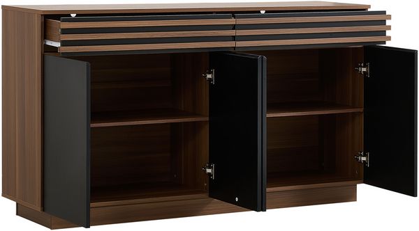 Modernes Sideboard 150 x 40 x 85 cm in brauner Holzoptik mit schwarzen Türen, 2 Schubladen & 4 Türen – Viel Stauraum, stilvolles Design für Wohnzimmer, Esszimmer & Küche Bild 8