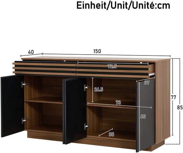Modernes Sideboard 150 x 40 x 85 cm in brauner Holzoptik mit schwarzen Türen, 2 Schubladen & 4 Türen – Viel Stauraum, stilvolles Design für Wohnzimmer, Esszimmer & Küche Bild 6