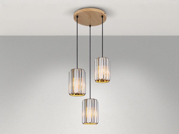 Hängeleuchte, 3-Flammig, Holzoptik, Kristall rauch, H 120 cm