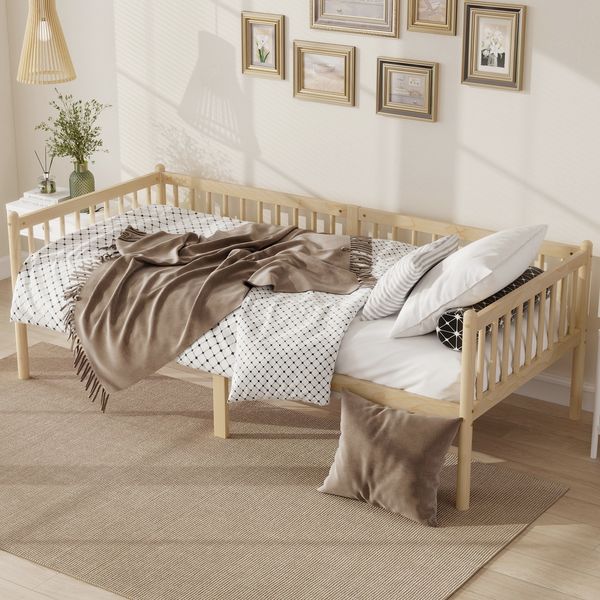 Flieks Einzelkinderbett Tagesbett 90x200 cm aus Kiefernholz, Sofabett mit 3-seitigem Schutzgitter, 14 Latten & Stauraumhöhe, Natur