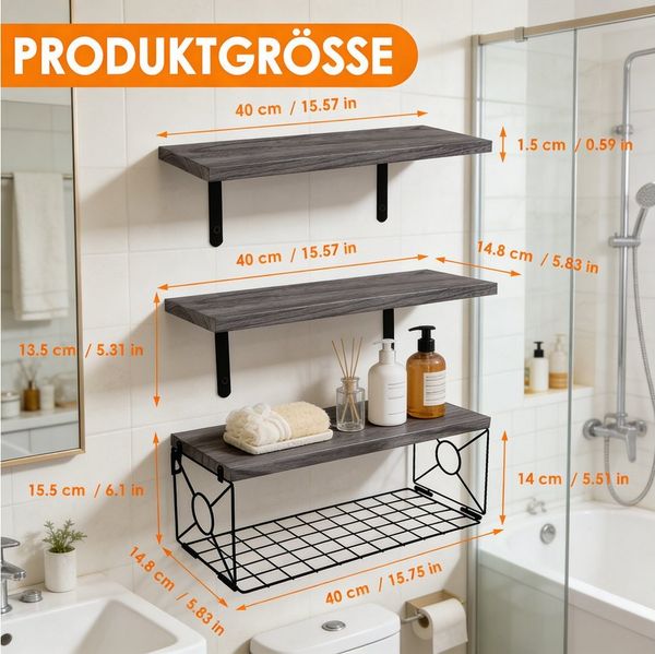 BlingBin Wandregal Badregal 3er Set Natur-Schwarz, Küchenregal, 3er Set (2 x Holzregal, 1 x Holzregal mit Drahtkorb) 3-tlg, Wandregal Holz-Metall für Toilettenpapier, Handtücher und Deko