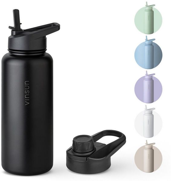 Vinsun Isolierflasche Edelstahl Trinkflasche 750ml Strohhalm - 2 Deckel Thermoflasche, BPA frei, doppelwandig, auslaufsicher, bruchsicher, geruchsneutral