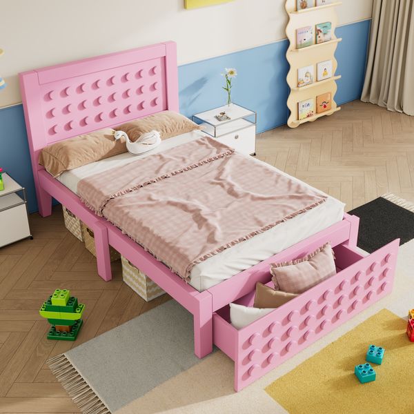 Kinderbett 90×200 cm mit Anti-Kollisionskanten und Schublade, rosa, ohne Matratze