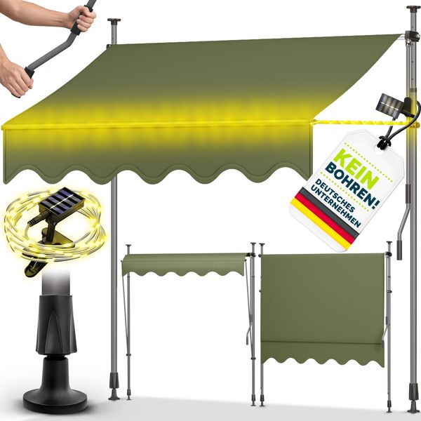 tillvex Klemmmarkise 250 cm Armeegrün mit Solar LED mit Handkurbel Balkon | Balkonmarkise ohne Bohren | Markise UV-beständig & höhenverstellbar | Sonnenschutz wasserdicht