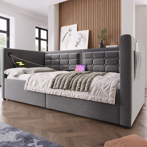 REDOM Daybett Hydraulisches Schlafsofa mit dreiseitiger Rückenlehne, (Sofabett, Polstersofa, Einzelbett, 1 tlg), mit USB & Type-C Ladestation