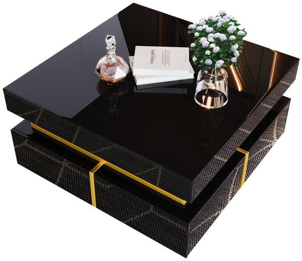 Sweiko Couchtisch Couchtisch, Hochglanz-Wohnzimmertisch, Beistelltisch (mit 2 Schubladen und goldenen Akzenten, 1-St, mit Stauraum), 70x35.5x70 cm