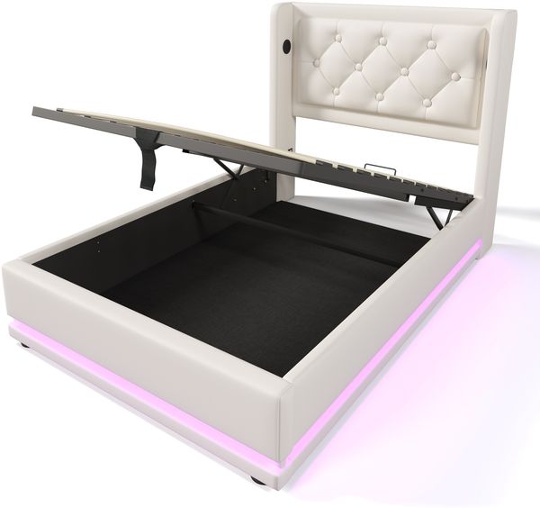 Polsterbett 90x200 cm mit Matratze, hydraulischem Bettkasten, USB/Typ-C und 3-seitiger LED-Beleuchtung, PU in Weiß Bild 7
