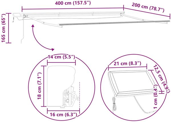 vidaXL Manueller Markisenrahmen mit LEDs Braun 4 x 2 m 3420559 Bild 11