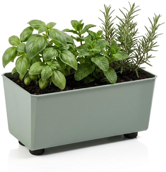 Lamela Rechteckiger Pflanzkasten mit eleganten Füßen – Grüner Blumenkübel aus robustem Kunststoff 28,5x17 cm, 4,2L – Wetterfest & Pflegeleicht - für Innen & Außen, Graugrün