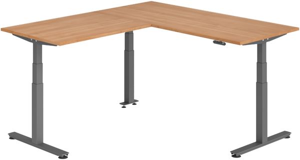 bümö Eckschreibtisch elektrisch höhenverstellbar L-Form: 180 x 200 cm in Nussbaum, Gestell graphit - Stehschreibtisch mit Memory-Steuerung, elektrischer XXL Schreibtisch für die Ecke, XDSMW-1912-N-G