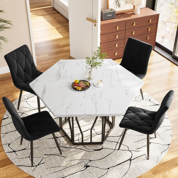 Esstischgruppe 115,5 x 100 x H 75 cm in Marmoroptik, MDF & Stahl, schwarz-weiß, mit 4 Stühlen