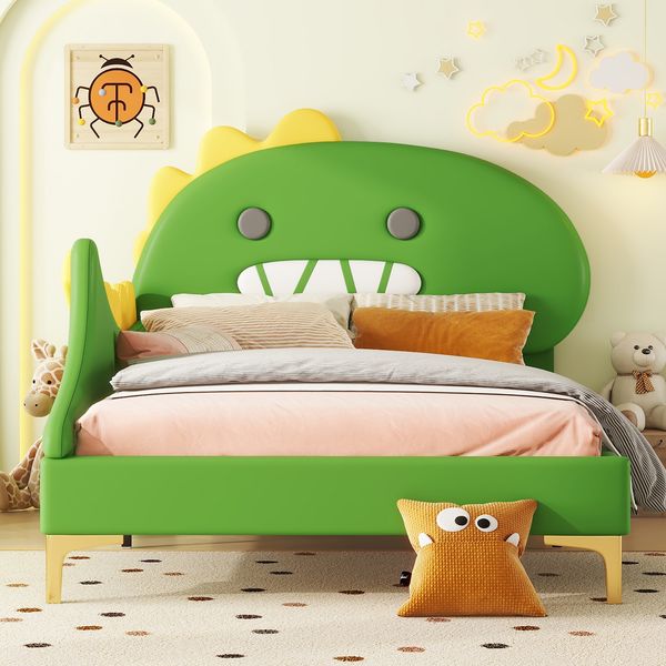 90*200cm Kinderbett, Cartoon Dinosaurier Form, Flachbett, PU Material, Grün