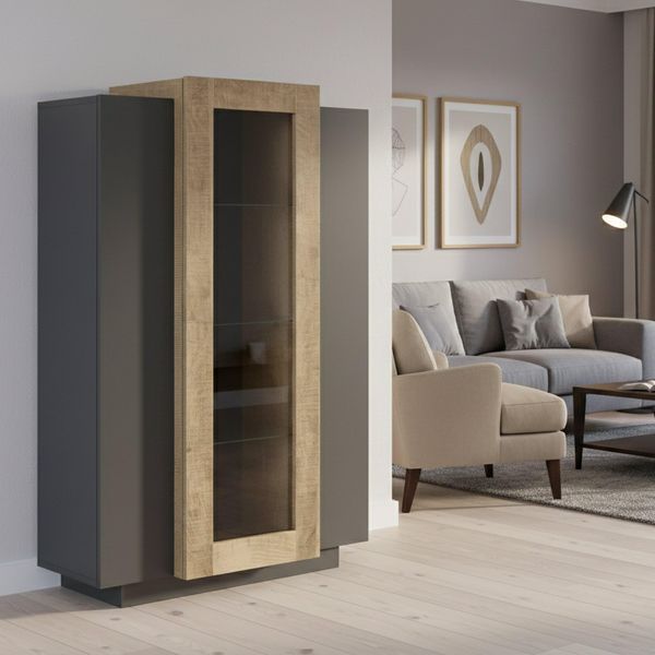 Dmora - Anzeigefenster Kevin, Sideboard mit DREI Türen, Mehrzweck-Wohnzimmermöbel, 100% Made in Italy, 80 x 38 x 121 cm, Anthrazit und Ahorn,