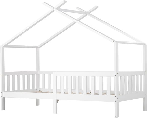 Schönes Hausbett, Kinderbett Massivholz mit Zaun und Lattenrost, Kinder- und Jugendzimmer mit Absturzsicherung, weiß (200x90 cm) Bild 7