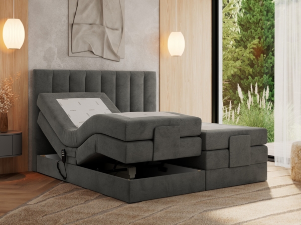 Boxspringbett mit elektrisch verstellbaren Matratzen, zwei Bettkästen und einem Topper - COMFORTO - 200 x 200 cm - Dunkelgrau Velvet - H4