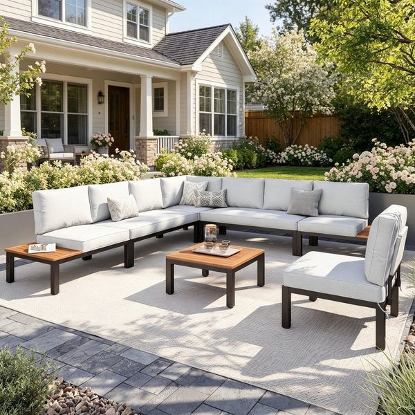 PHI VILLA Gartenlounge-Set, (Balkonmöbel Outdoor Ecksofa, Metall Gartenmöbel Set), Außen Gartensofa Wetterfest mit Couchtisch und Kissen, Beige-Grau