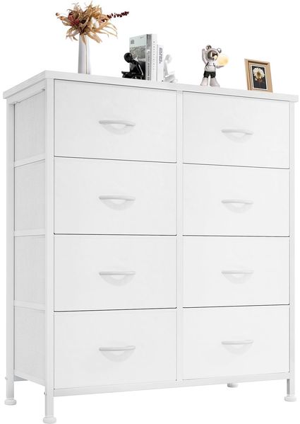 DUMOS Kommode für Schlafzimmer mit 8 Stoffschubladen hohe Kommode Organizer für Kleidung Schrank Kinderzimmer Aufbewahrungsturm mit Schrank Metallrahmen Holzplatte leichte Kinderzimmermöbel
