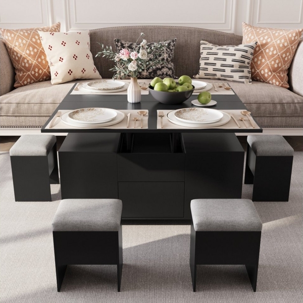 VOWNER Couchtisch Anhebbarer Multifunktionstisch, 4-in-1 Multifunktion, mit Verstecktem Stauraum, mit 4 Hockern, Schwarz Bild 5