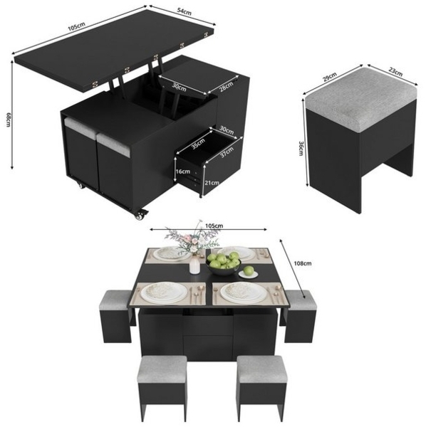 VOWNER Couchtisch Anhebbarer Multifunktionstisch, 4-in-1 Multifunktion, mit Verstecktem Stauraum, mit 4 Hockern, Schwarz Bild 4