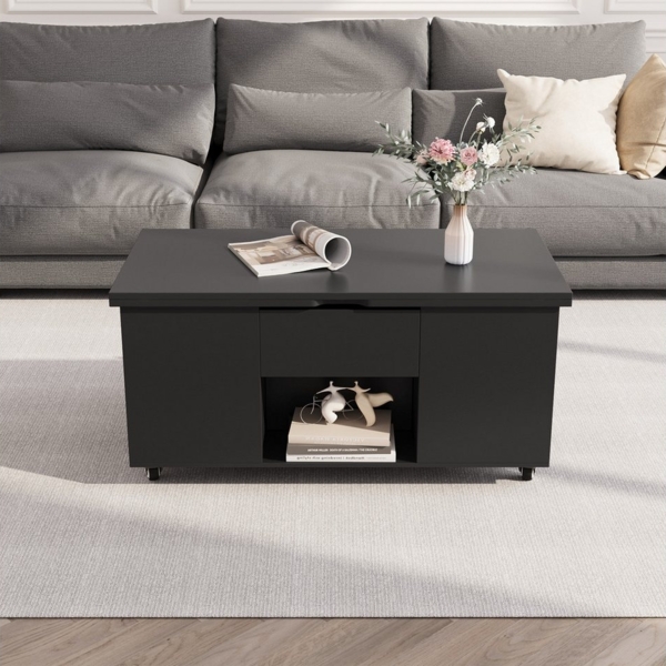 VOWNER Couchtisch Anhebbarer Multifunktionstisch, 4-in-1 Multifunktion, mit Verstecktem Stauraum, mit 4 Hockern, Schwarz Bild 3