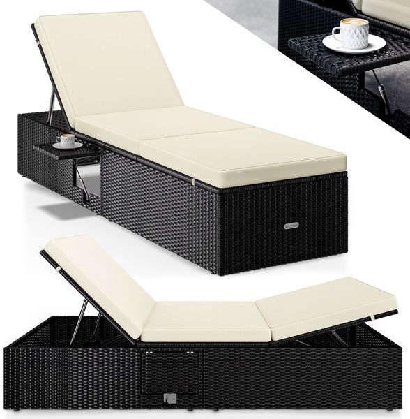 Casaria Gartenliege mit Klapptisch, wetterfest, 7-fach höhenverstellbar, Polyrattan schwarz / creme, 200 x 58 x 33 cm