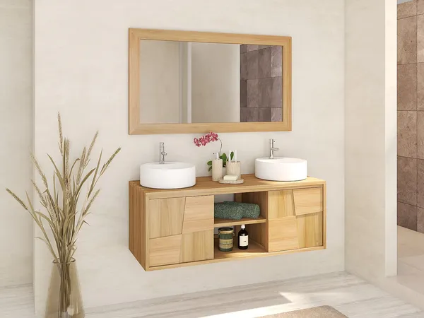 Vente-unique - SUMBAWA Waschbeckenmöbel Holz, Platte Beige - B 50 cm x H 45 cm x L 120 cm