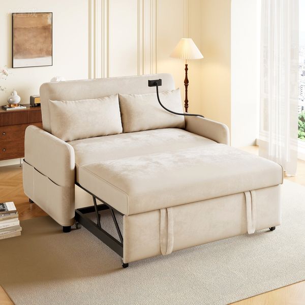Schlafsofa 2-Sitzer mit Bettfunktion und 360° Handyhalterung, Regal, Handyhalterung, Seitentasche, USB und Type-C, Liegefläche: 111x163 cm, Chenille
