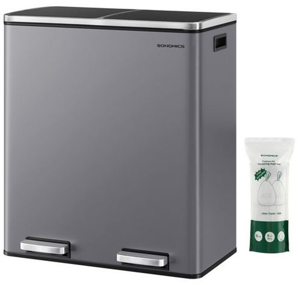 SONGMICS Mülleimer, 2 x 30 Liter, 2 Fächer, Mülltrennsystem, Treteimer, Abfalleimer Küche, 15 Müllsäcke, Metall, Inneneimer aus Kunststoff, Klappdeckel, Softclose, luftdicht, schiefergrau Bild 2