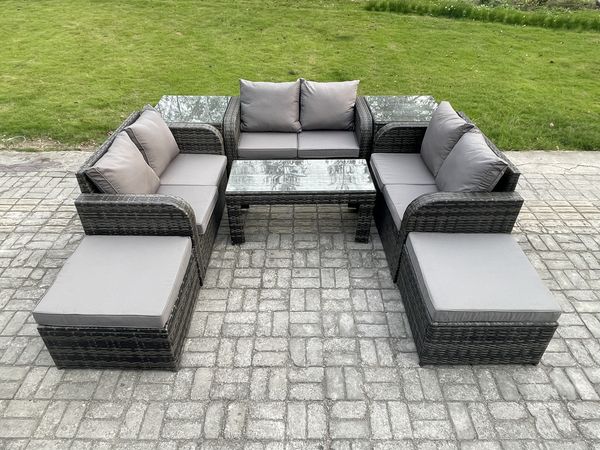 Fimous Gartenmöbel-Sets 8-Sitzer Polyrattan Möbel Sofa Sets mit Rechteckiger Couchtisch Loveseat Sofa 2 hohen Hockern 2 Beistelltischen
