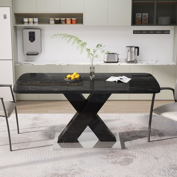 OKWISH Esstisch Esszimmertische, Tisch (Ausziehbarer Rechteck-Wohnzimmertisch 120-160 cm), Marmor-Tischplatte mit Druck, X-förmige MDF-Tischbeine und Metallbasis