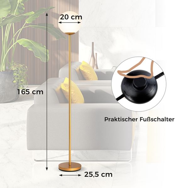 Moderner Stehlampe 165 cm hohe Stehlampe mit Glasschirm & gewichteter Basis Fußschalter Golden