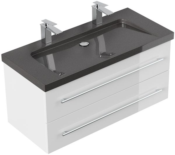 Badmöbel Granit India Black Damo 100 cm 2 Hahnlöcher SoftClose weiß hochglanz : Weiss hochglanz