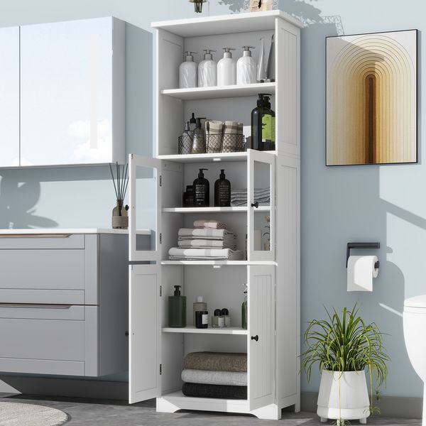 Badezimmer-Hochschrank 57,5 x 28,5 x 160 cm aus MDF, lackiert, mit 4 Türen und verstellbaren Einlegeböden