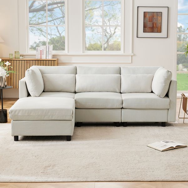 Modernes Design, Polstermöbel, Sofa, Dreisitzer-Sofa, Wohnzimmersofa, Ecksofa mit Fußhocker, L-förmiges Ecksofa, Beige