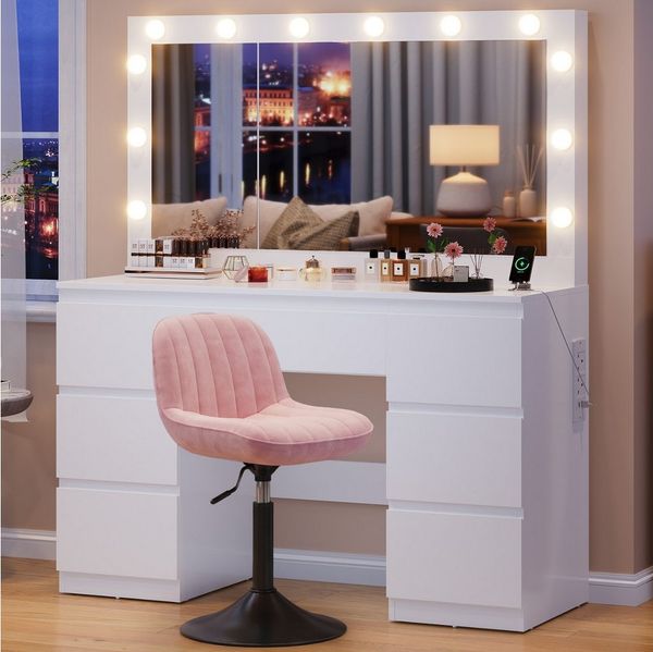 HOMALL Schminktisch Großer Schminktisch, Maße 115/120 x 40 x 140 cm, mit Schmuckschrank (LED-Beleuchtung und Steckdosen, 105 cm großer Spiegel, mit 7 Schubladen, optional mit Hocker – ostern geschenke)