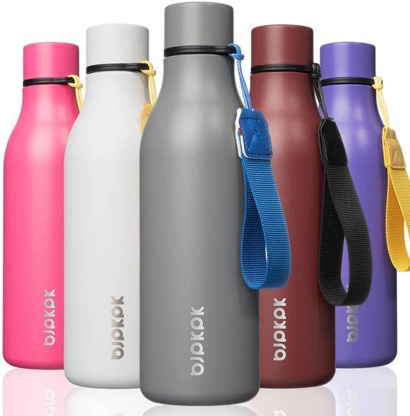 BJPKPK Isolierte Wasserflaschen, 530 ml Edelstahl Metall Trinkflasche Mit Trageriemen, BPA Frei Wasserdicht Thermos, Flaschen, Wiederverwendbare Thermosflasche Für Sport & Reisen, Grau