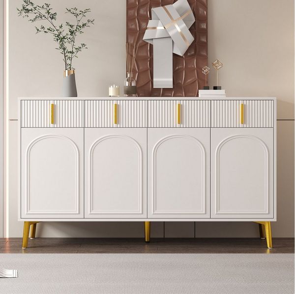 Merax Sideboard mit 4 Türen und 4 Schubladen (mit verstellbaren Einlegeböden und goldenen Beinen, H82/B140/ T37.8 cm), Kommode Anrichte Mehrzweckschrank für Wohnzimmer und Schlafzimmer