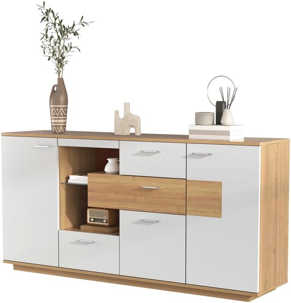 Modernes Sideboard-Schrank mit viel Stauraum, mit LED-Beleuchtung, 160x40x77cm, 2 Türen, 4 Schubladen, Glasablage, Holzoptik, Weiß,Wohnzimmermöbel, Organizer, Kommode, Mehrzweckschrank.