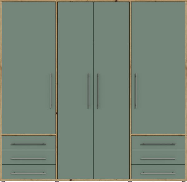 Forte MOKKARIS Kleiderschrank 200 210, 4-türig, 6 Schubladen, Einglegeböden, Kleiderstange, Holzwerkstoff, Salbei/Artisan Eiche Holzdekor, 205,9 cm breit x 200 cm hoch x 53 cm tief Bild 2